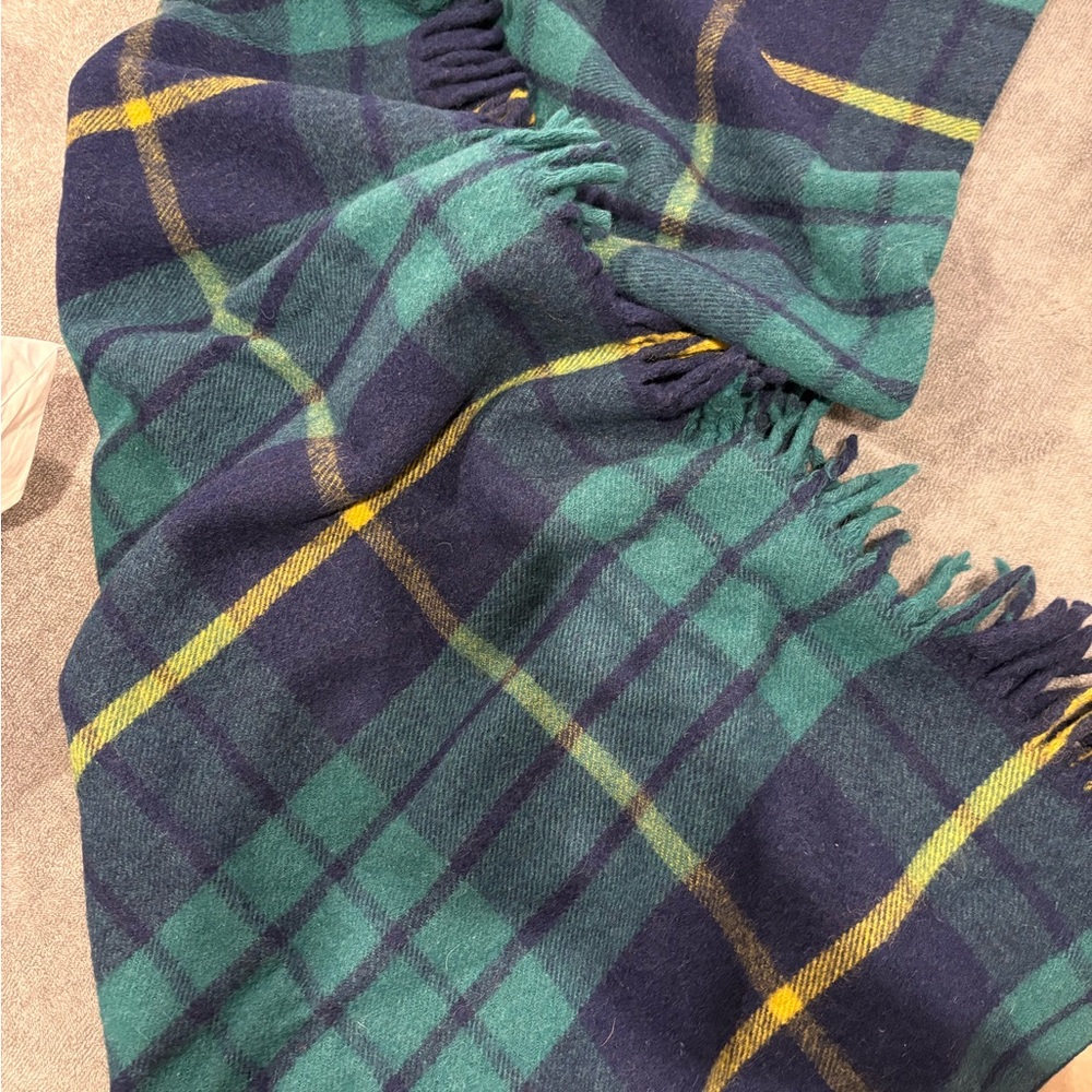 Plaid Green and Blue wool throw with Yellow Accents